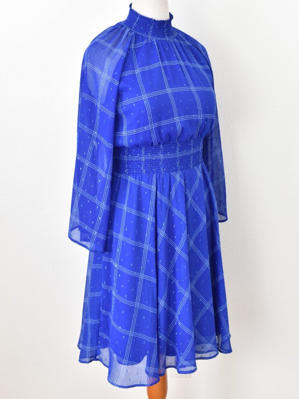 Calvin Klein Plaid Chiffon Mock Neck Smocked Detail Dress - 12 - Picture 7 of 13